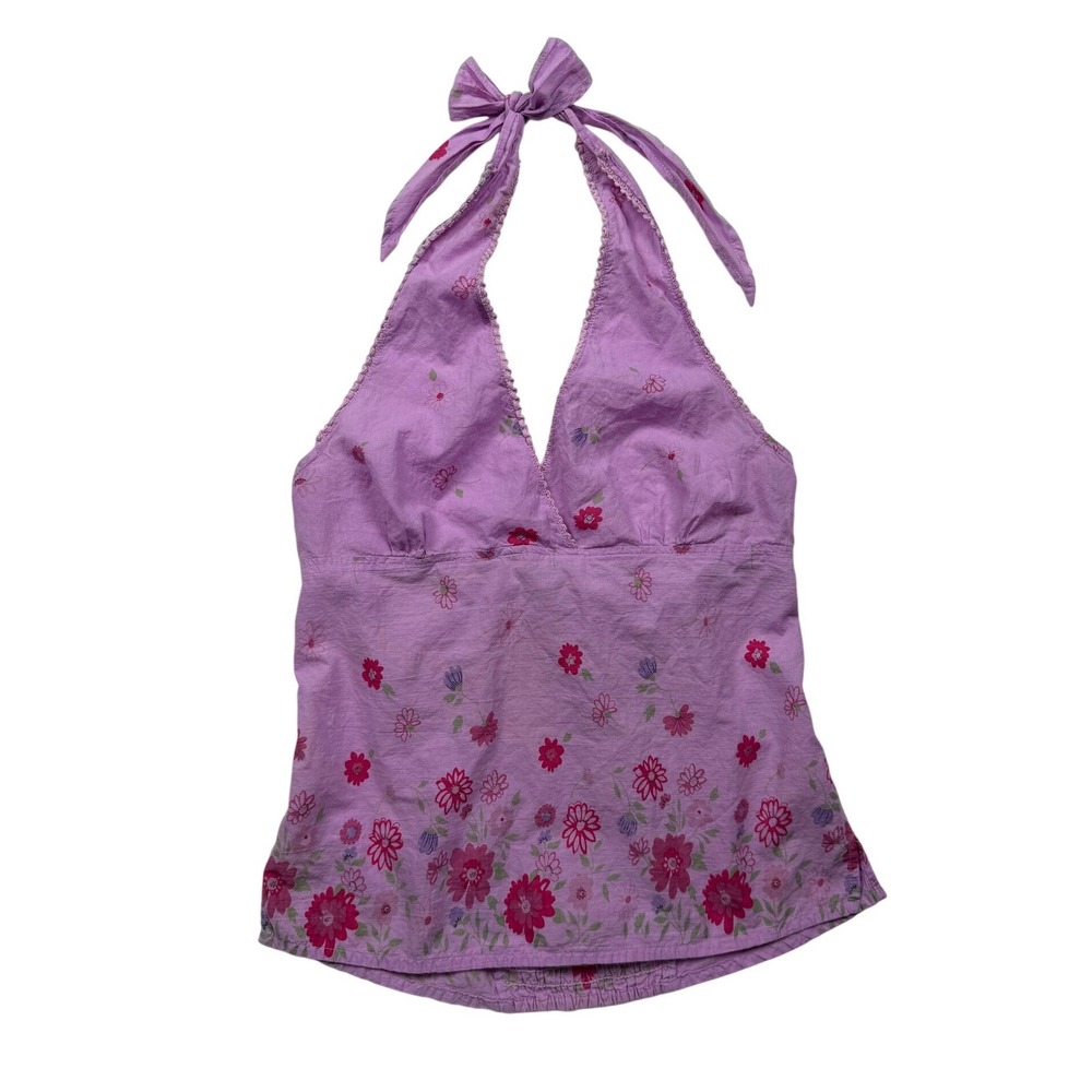 Overdrive Y2K Purple Floral Cotton Halter Top M Fairycore Boho